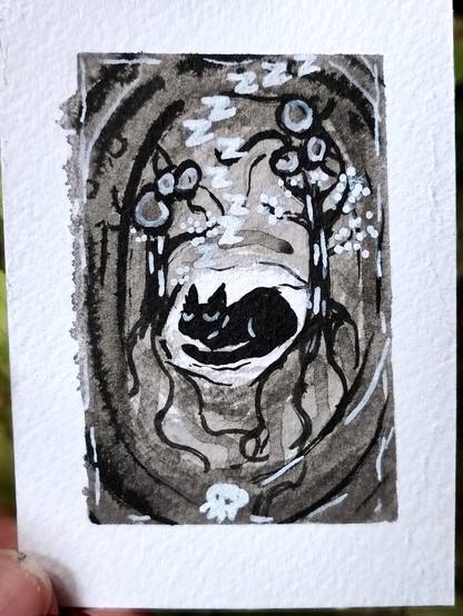 Trading card sized art piece featuring a black cat. surrounding the cat is surreal tunnel walls with trees, ants and a skull. The cat is asleep and you can see the letter Z drifting away from the cat repeatedly.