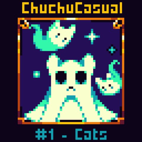 Pixel art of ghost cat with mini ghost cats