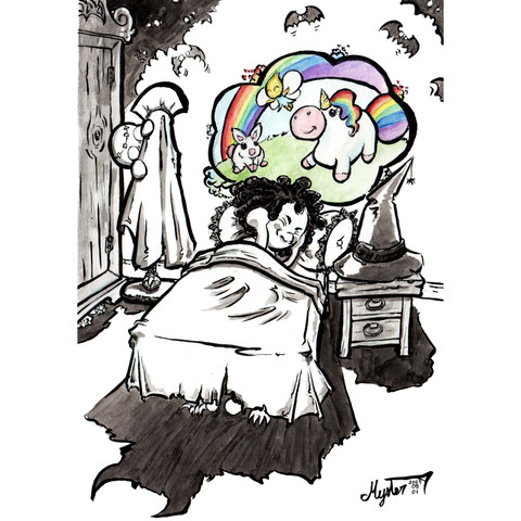 Une petite sorcière dort mal car des rêves de créatures mignonnes et d'arc-en-ciel s'abattent sur elle !

Ses amis monstres sont terrifiés et se cachent dans sa chambre.