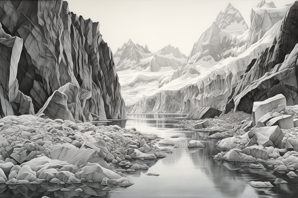 Generated by AI. A pencil illustration of glaciers and mountains.