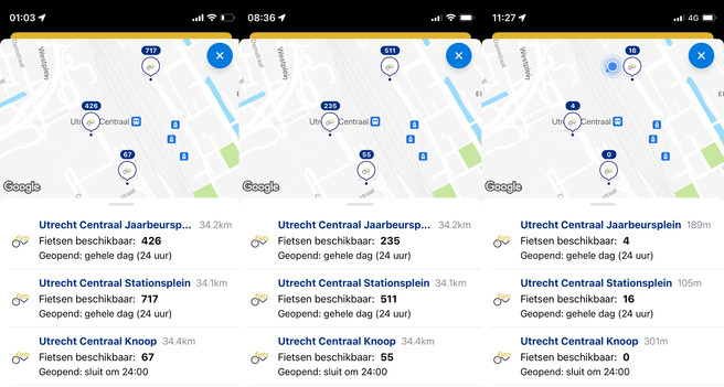Het aantal fietsen op Utrecht Centraal om 01:03 (717), 08:36 (511) en 11:27 (16).