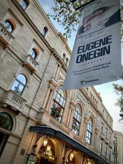 Poster of Eugene Onegin in front of Liceu opera house in Barcelona 