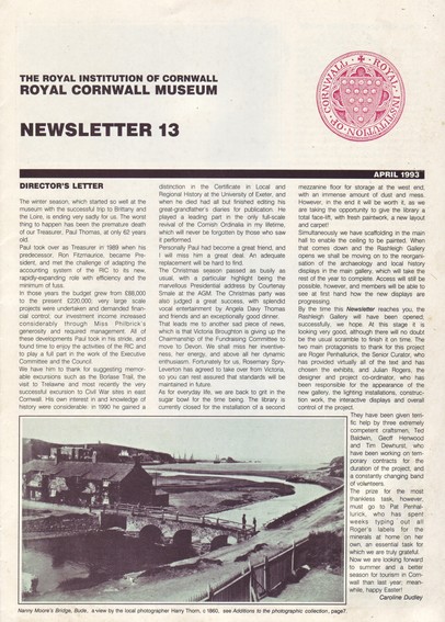 The front cover of the Royal Institution of Cornwall Newsletter, No 13, for April 1993, featuring a monochrome photo of Nanny Moore's Bridge at Bude, taken by Harry Thorn in about 1860.