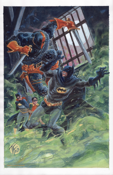 Painting, Batman and deathstroke fight in a warehouse as batgirl and Robin, tied to a pillar, look on.