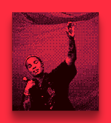 A pixelated photo of Arlo Parks taken with a Game Boy Camera.