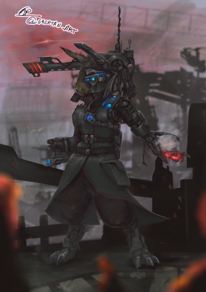 digital illustration of a dystopian cyborg bunny, with an overheated robotic arm, looking around in a ruined battlefield,aiming a shoulder mounted laser cannon