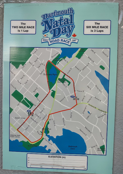 Photo of a poster showing the route for the 2023 Dartmouth, Nova Scotia Natal Day Road Race, which has been run annually since 1907.