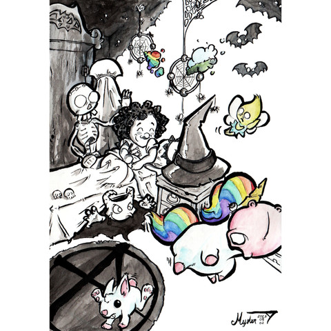 Dessin par MysterTy - Inktober2023 j2 #Araignées.

Des araignées tissent des attrape-rêves dans la chambre de la petite Sorcière. Elle et ses amis monstres démoniaques regarde les rêves s'enfuir en courant !