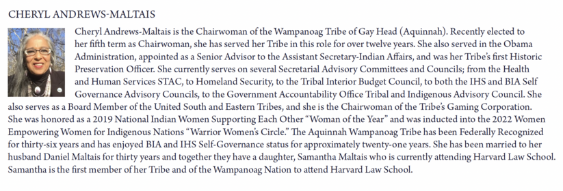 A brief bio of Cheryl Andrews-Maltais, Chairwoman of the Wampanoag Tribe of Gay Head (Aquinnah).