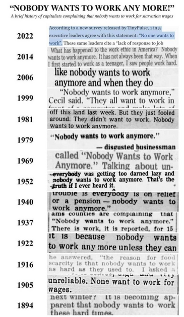 It's a list from 1894 to 2022 every 10 or so years there's a clipping from a newspaper that says no body wants to work anymore in one way or another.