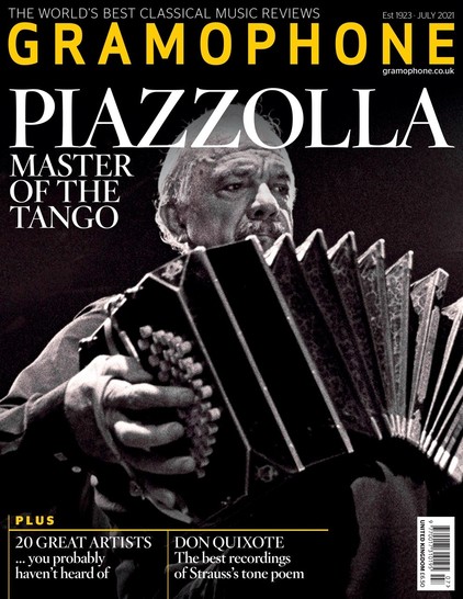 Cover of gramophone magazine featuring Astor Piazzolla playing his bandoneon with concentration, showing its opening bellows and many buttons. Text: “The world’s best classical music reviews.” “Piazzolla: Master of the Tango.” 