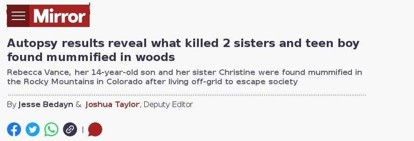 Living off-the-grid pioneers found dead
Headlines The Mirror 2023 Sept.01