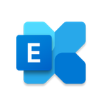 Microsoft Exchange Logo: Big thick X like character in different blue tones with in left center a rounded darker blue square with in white the letter E