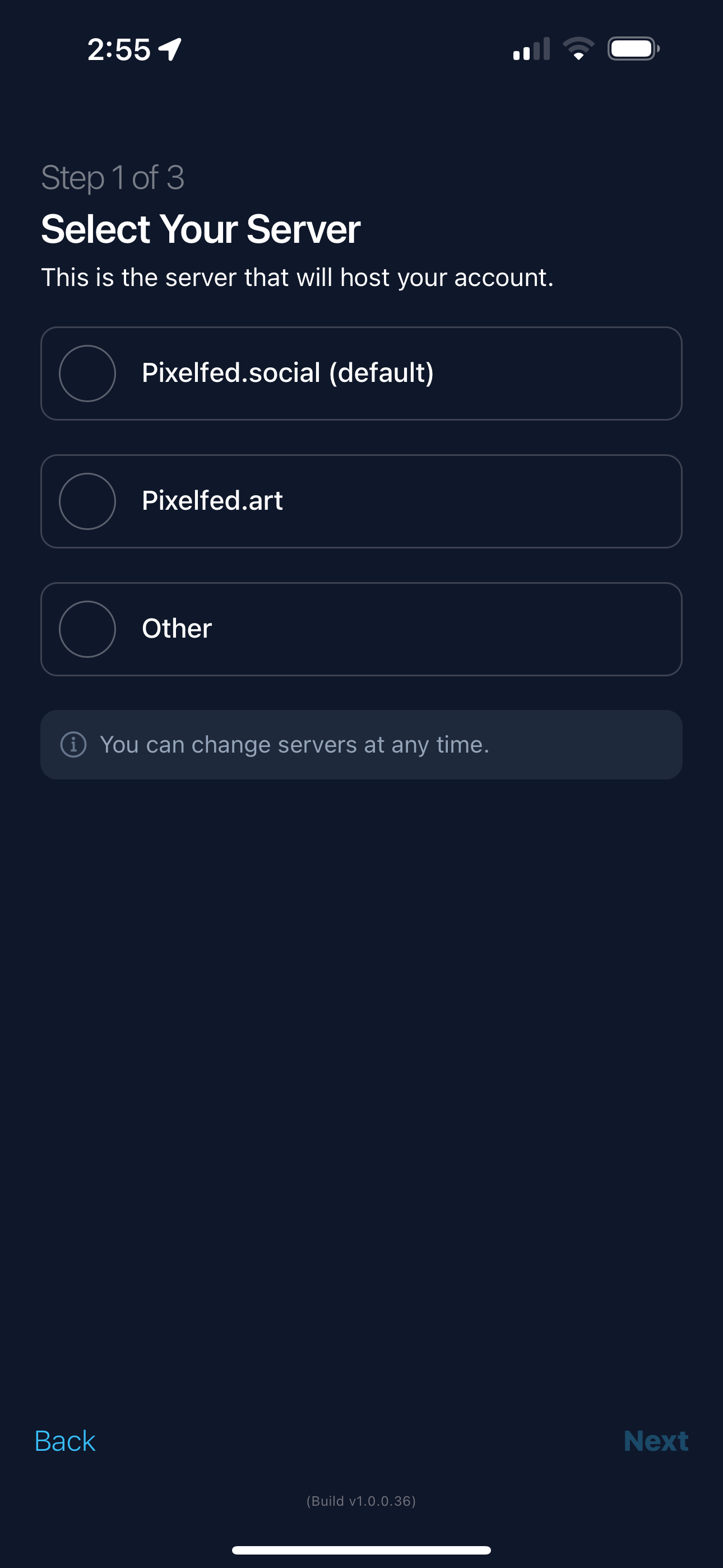 Pixelfed app register screen, step 1