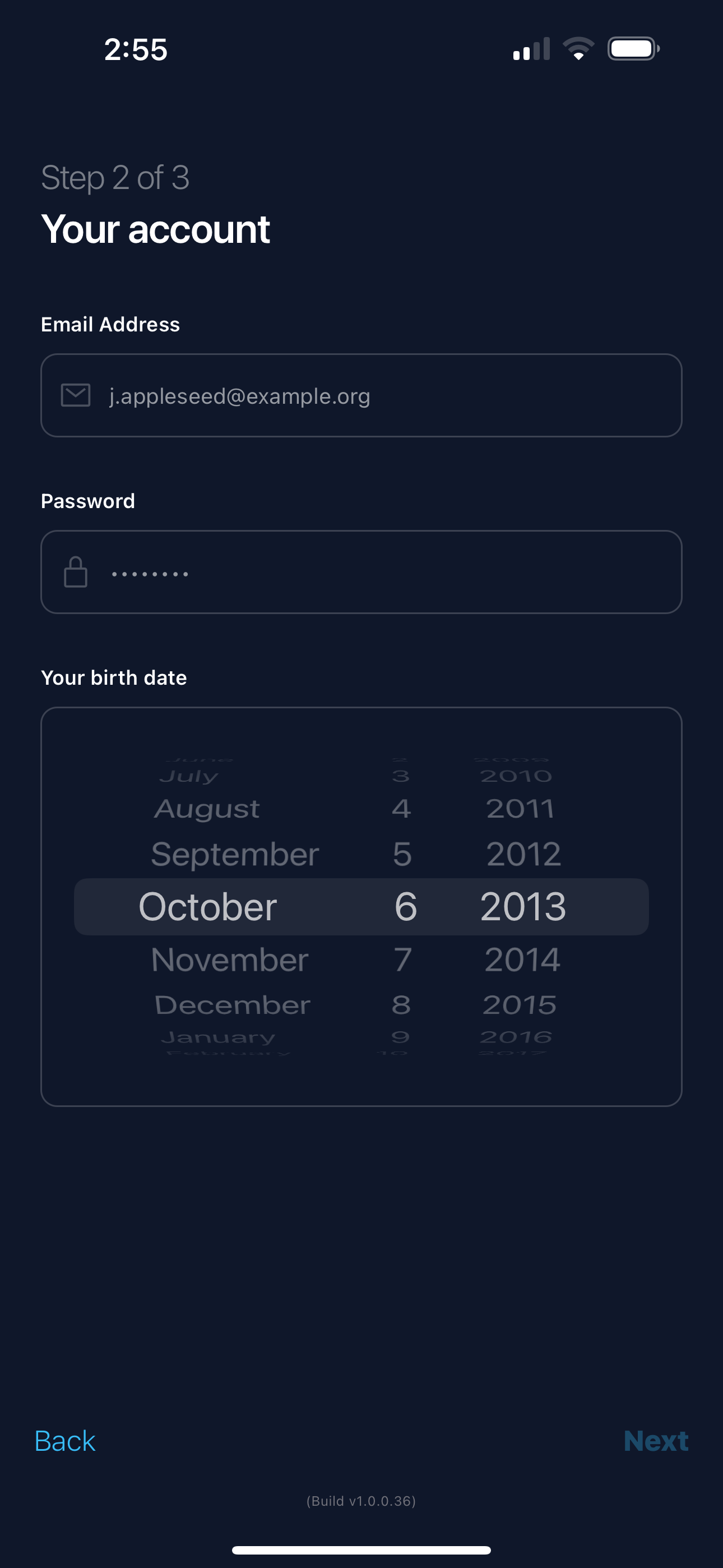 Pixelfed app register screen, step 2