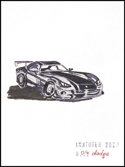 Grey and black ink drawing of a 2008 Dodge Viper, an agressive-looking but elegant car. 