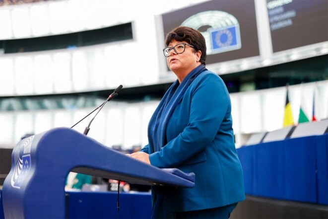 Sabine Verheyen lors de la session plénière au parlement européen sur le « European Media Freedom Act » à Strasbourg le 3 octobre 2023. © Photo Mathieu Cugnot / Parlement Européen