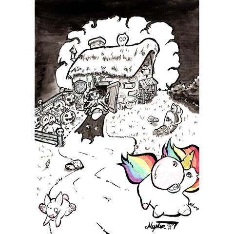 Sur le pas de la porte de sa cabane, dans une forêt sombre et obscure, la petite sorcière équipée d'un filet à papillon poursuit la licorne et le petit lapin qui s'enfuient par le chemin.

Face à son potager rempli de citrouilles sculptées, son chien fantôme sort de sa tombe.