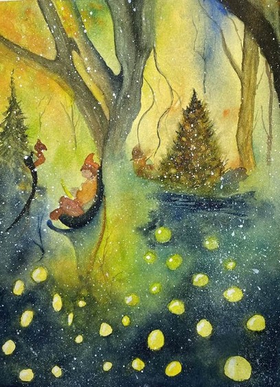 Paysage forestier féérique au couchant, le jaune du ciel se réflétant entre les arbres Des lutins, fées et autres créatures s'affairent sous la végétation.