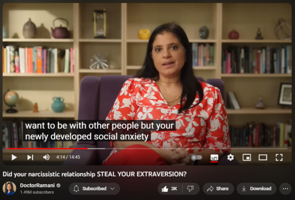 Did your narcissistic relationship STEAL YOUR EXTRAVERSION?
https://www.youtube.com/watch?v=Y3Jmvh_TS8E
48,432 views  30 Sept 2023
SIGN UP FOR MY HEALING PROGRAM: https://doctor-ramani.teachable.com/p...

PRE-ORDER MY NEW BOOK
https://www.penguinrandomhouse.com/bo...

GET INFO ABOUT MY UPCOMING PROGRAM FOR THERAPISTS
https://forms.gle/1RRUz41eWswjw63o6

SIGN UP FOR MY MAILING LIST
https://forms.gle/Bv9GNuMSR55PKTjQ6

LISTEN TO MY NEW PODCAST "NAVIGATING NARCISSISM"
Apple Podcasts: https://podcasts.apple.com/us/podcast...
Spotify: https://open.spotify.com/show/2fUMDuT...
Stitcher: https://www.stitcher.com/podcast/how-...
iHeart Radio: https://www.iheart.com/podcast/1119-n...