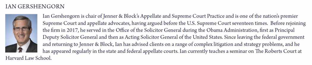 A brief bio of Ian Gershengorn, chair of the Appellate & Supreme Court group at Jenner & Block.
