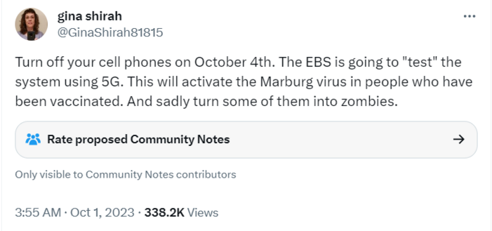 @GinaShirahg1815 : Turn off your cell phones on October 4th. The EBS is going to "test" the system using 5G. This will activate the Marburg virus in people who have been vaccinated. And sadly turn some of them into zombies.