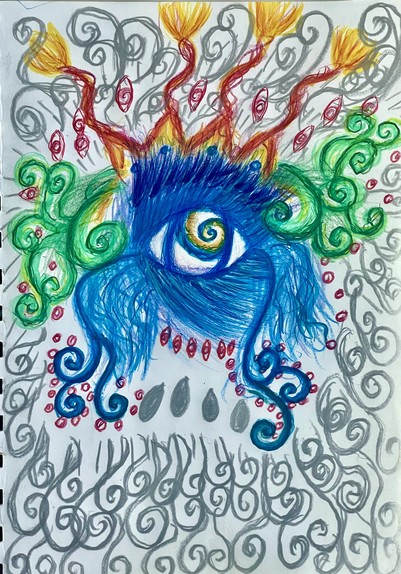 A Colorful Abstract Drawing With A Heck Ton Of Spirals With A Blue To Yellow Eye At The Center. 