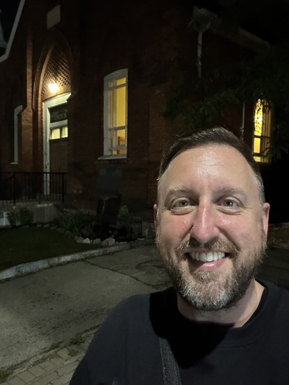 Cameron Kroetsch in front of Stewart Memorial Church