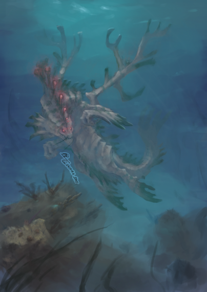 digital artwork of a leafy seadragon inspired dragon, with a moray-like head and kelp-like protusions, which have bioluminiscence towards the head fins
