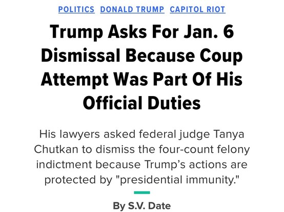 Headline Trump Asks For Jan. 6 Dismissal Because Coup Attempt Was Part Of His Official Duties
His lawyers asked federal judge Tanya Chutkan to dismiss the four-count felony indictment because Trump’s actions are protected by "presidential immunity."

I was protecting the constitution by throwing out the constitution 
