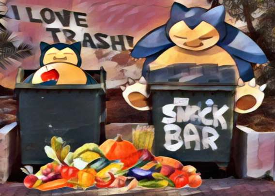 2 Pokémon in und um 2 müllcontainer. im vordergrund liegt essen rum. I love trash steht im hintergrund. "Snack Bar" steht auf einer mülltonne