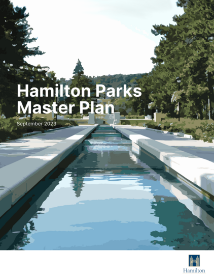Title page of the Hamilton Parks Master Plan featuring the Gage Park fountain