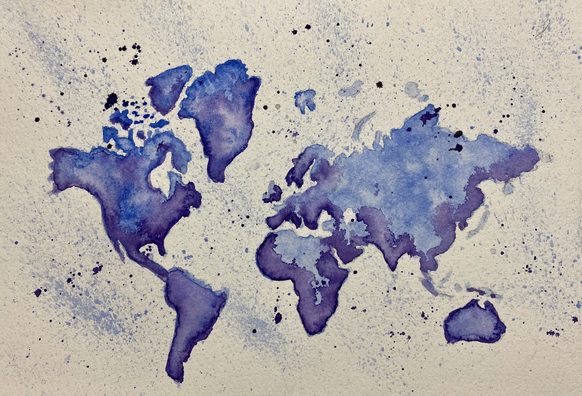 Aquarelle représentant les continents en bleu plus ou moins délavé, agençés comme sur les carte géographique 