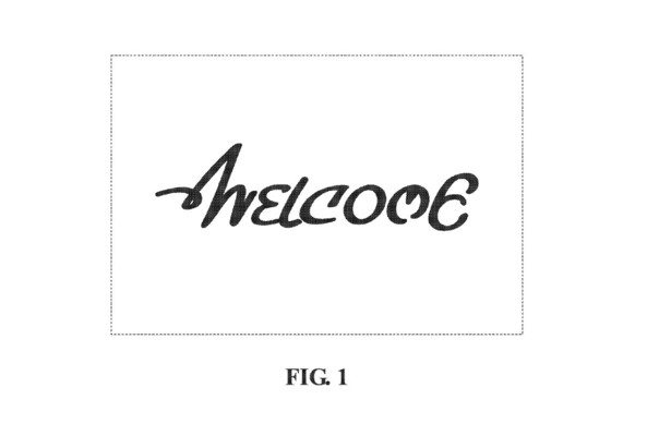 figure 1 from D657,177, for a mat that says "welcome"