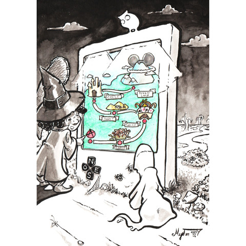 La petite sorcière et Pupy, son chien fantôme, regardent un panneau informatif avec la carte de son monde.

Sur le panneau, un chemin part de sa maison, passe par le marais, continue vers le casino, traverse le désert, arrive au château qui bloque le passage vers la destination finale : La contrée des rêves.

Le panneau informatif a la forme d'une gameboy, la croix directionnelle servant de rose des vents, 2 énormes araignées sont à la place des boutons A et B.