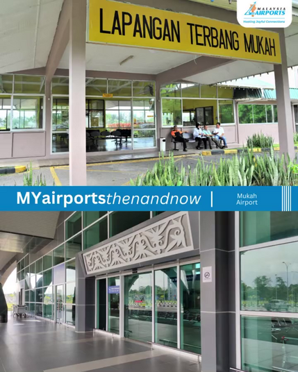 Image showing comparison between the old terminal entrance of Mukah STOLport and the new terminal entrance of Mukah Airport.