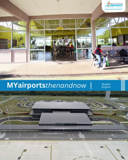 Image showing comparison between the old terminal building at Mukah STOLport and the new terminal building at Mukah Airport.