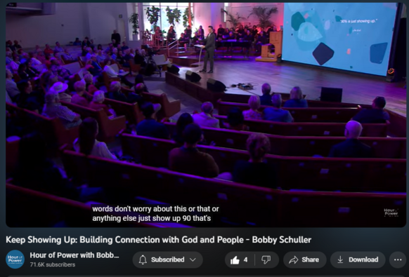 Keep Showing Up: Building Connection with God and People - Bobby Schuller
https://www.youtube.com/watch?v=rAXsBpA-Oy0
40 views  7 Oct 2023  ORANGE COUNTY
Pastor Bobby teaches that becoming more starts with showing up. We live in a world where we don’t respond to phone calls, invitations or text messages, but be different than everyone else. Keep showing up and you’ll keep growing up, with today’s message, “Keep Showing Up: Building Connection with God and People.”

Full length episode here :   

 • Keep Showing Up: Building Connection ...  

Subscribe - https://bit.ly/3yMUtEr
Support Hour of Power - https://bit.ly/3fqXrI8
Follow on our socials –
Facebook: https://bit.ly/3gXbOUS
Instagram: https://bit.ly/3FFf3ut

Dive into Pastor Bobby Schuller's weekly sermons, offering profound Christian teachings and Bible lessons for today's world. Experience faith-based inspiration and spiritual journey guidance, tailored for those seeking God's word and life-affirming messages. Our channel provides a sanctuary for worship teachings and Christian guidance. Whether you're new to Christian motivation or looking for deeper Bible study insights, this is your online church home. Subscribe now and embrace the Christian hope we share.