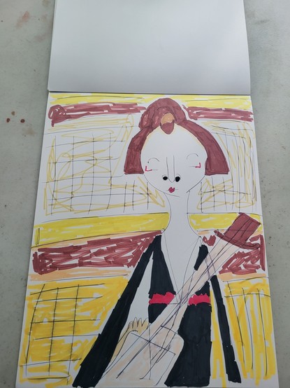 Brunette Japanese Geisha woman playing the Shamisen