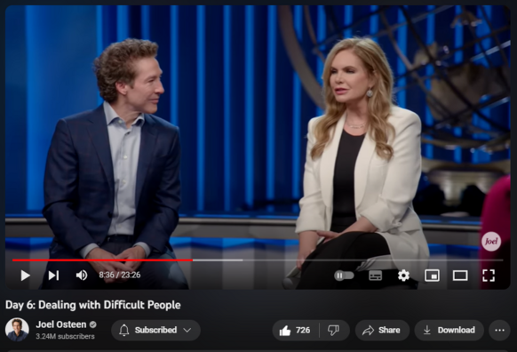 https://www.youtube.com/watch?v=TPbM3kTOAd8
9,158 views  8 Oct 2023  #JoelOsteen #LakewoodChurch
The Scripture says, “You overcome evil with good.” We can’t control how everyone treats us, but we can control how we respond. Stay in peace, knowing that God is fighting our battles. Here, Joel and Victoria talk with Clayton and Ashlee Hurst about taking the high road and living in a constant state of forgiveness. 

The LORD says, “I will guide you along the best pathway for your life. I will advise you and watch over you.” (Psalm 32:8, NLT)

Find more biblical principles for living with greater joy and peace in Joel's book, 15 Ways to Live Longer and Healthier, available at https://www.joelosteen.com/offer 

Are you or a loved one believing God to move in your life? We want to pray with you! Please share your prayer requests at: https://www.joelosteen.com/community

Thank you for joining us on YouTube. We hope this special discussion strengthens your faith and speaks to your heart. God bless you!

🛎Subscribe to receive weekly messages of hope, encouragement, and inspiration from Joel! http://bit.ly/JoelYTSub

Follow #JoelOsteen on social
Twitter: http://Bit.ly/JoelOTW
Instagram: http://Bit.ly/JoelIG
Facebook: http://Bit.ly/JoelOFB
#LakewoodChurch