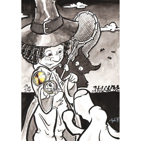 Avant de partir à l'aventure, la petite sorcière explique à Pupy comment se repérer à l'aide de sa boussole dorée sous le regard curieux de son ombre démoniaque.

Dans le fond, un groupe de villageois⋅es fuit une momie.