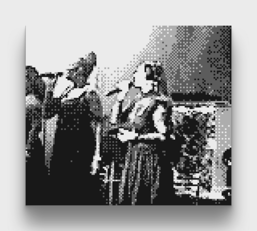 A black and white photo of Lana Del Rey and her backup singers taken with a Gameboy Camera at the All Things Go music festival.
