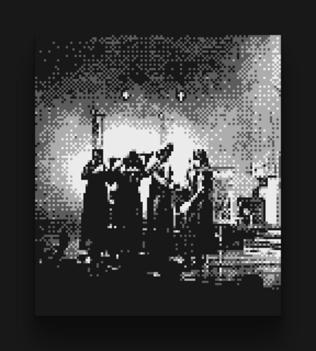 A black and white photo of Lana Del Rey and her backup singers taken with a Gameboy Camera at the All Things Go music festival.