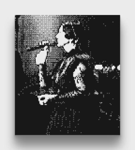 A black and white photo of Lana Del Rey and her backup singers taken with a Gameboy Camera taken at the All Things Go music festival.