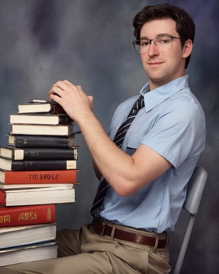 Ai younger version of me holding lots of books and wearing tie