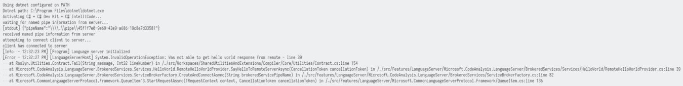 An error from Roslyn initialization that reads "[LanguageServerHost] System.InvalidOperationException: Was not able to get hello world response from remote - line 39"