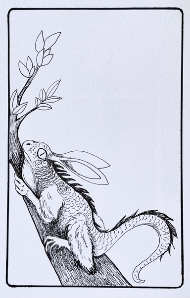 Ink drawing of a lizard with long ears like a hare.
