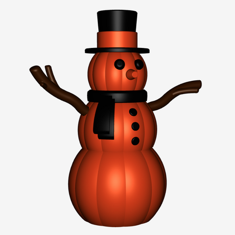 Screenshot of a giant snowman model with pumpkins instead of snowballs. The snowman is wearing a black scarf and top hat with an orange band.