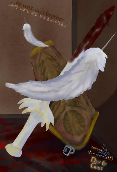 Grayish white feathers float down in front of a short sword (Azrael’s Blade), it’s blade covered in drying blood, leaning up against a wall in a corner, with one of the angel Uriel’s bracers & Lucifer’s onyx ring near it, with a large pool of blood on the floor beneath the items. The words “…he was my brother…” are on the far wall, both in English & Enochian. This is a response to day 6 of the 2023 Lucitober fan work prompts: Guilt.