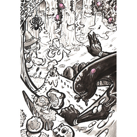 Dessin par Myster Ty : la petite sorcière pénètre dans le marécage et dit coucou aux habitant⋅es monstrueux⋅ses qui la saluent joyeusement.

L'un des habitant est un alien qui surveille ses œufs. Une autre est une grosse araignée à points noirs et les autres sont des arbres maudits et joyeux.